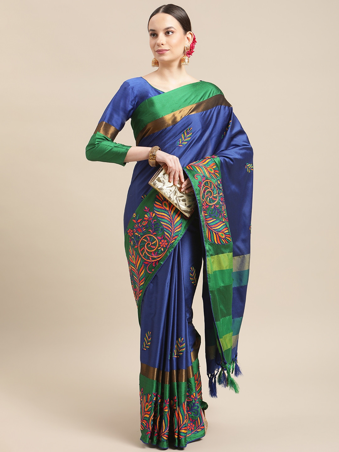 

Mitera Blue Embellished Embroidered Silk Cotton Ready to Wear Chanderi Saree