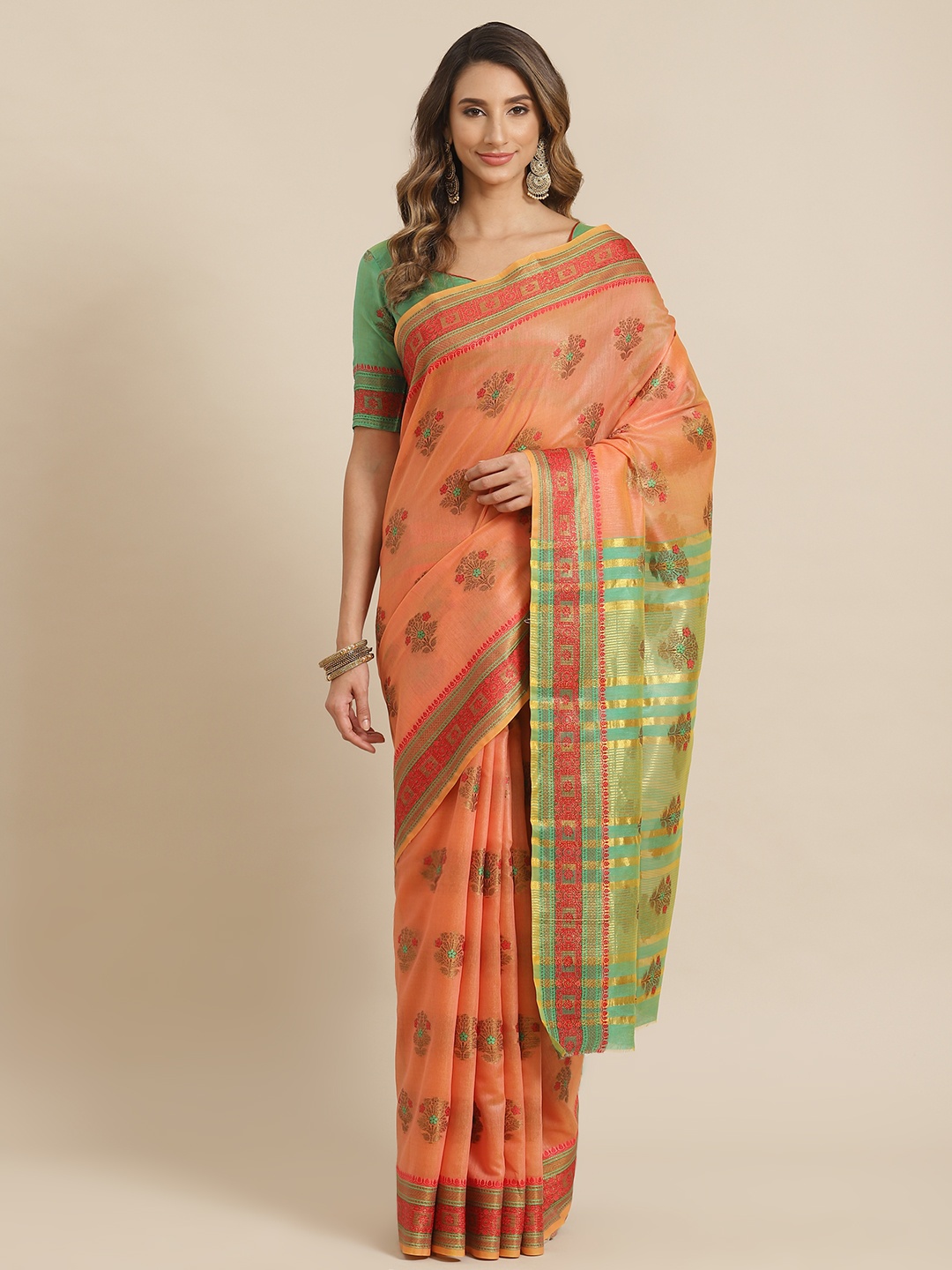 

Mitera Orange & Green Ethnic Motifs Jacquard Banarasi Saree