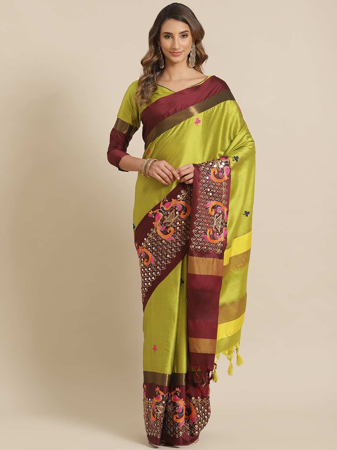 

Mitera Green & Brown Ethnic Motifs Embroidered Sequinned Silk Cotton Chanderi Saree