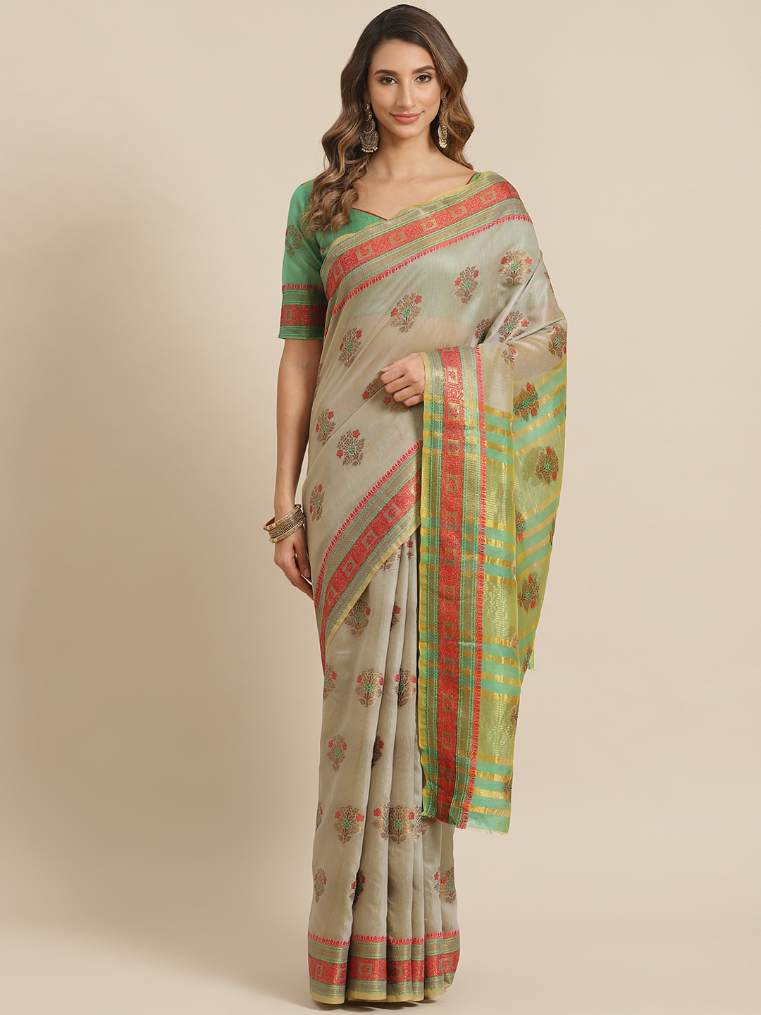 

Mitera Grey & Green Ethnic Motifs Jacquard Banarasi Saree