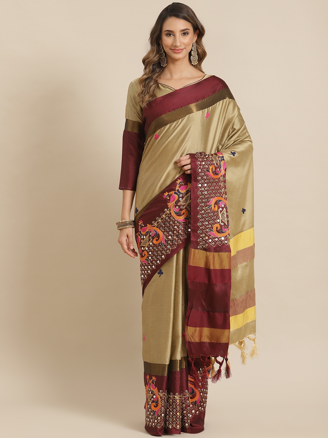 

Mitera Beige & Brown Ethnic Motifs Embroidered Sequinned Silk Cotton Chanderi Saree