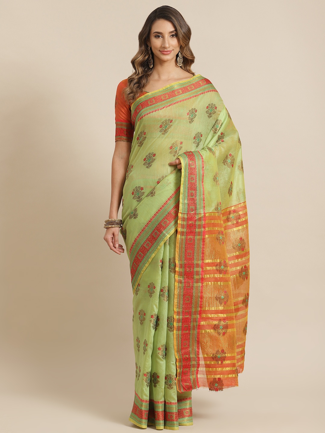 

Mitera Green & Orange Ethnic Motifs Jacquard Banarasi Saree