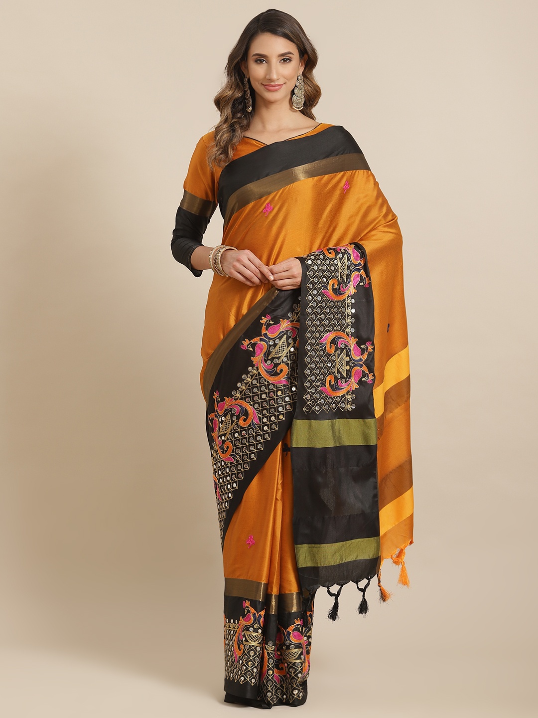 

Mitera Yellow & Black Ethnic Motifs Embroidered Sequinned Silk Cotton Chanderi Saree