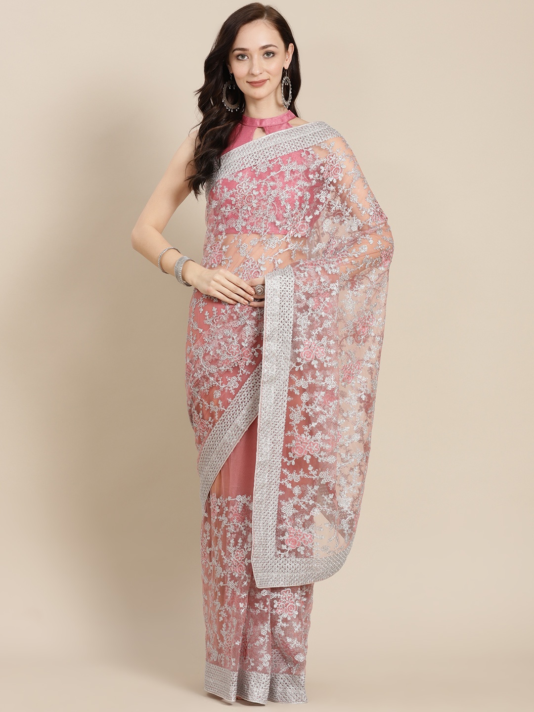 

Kalista Pink Floral Embroidered Net Saree