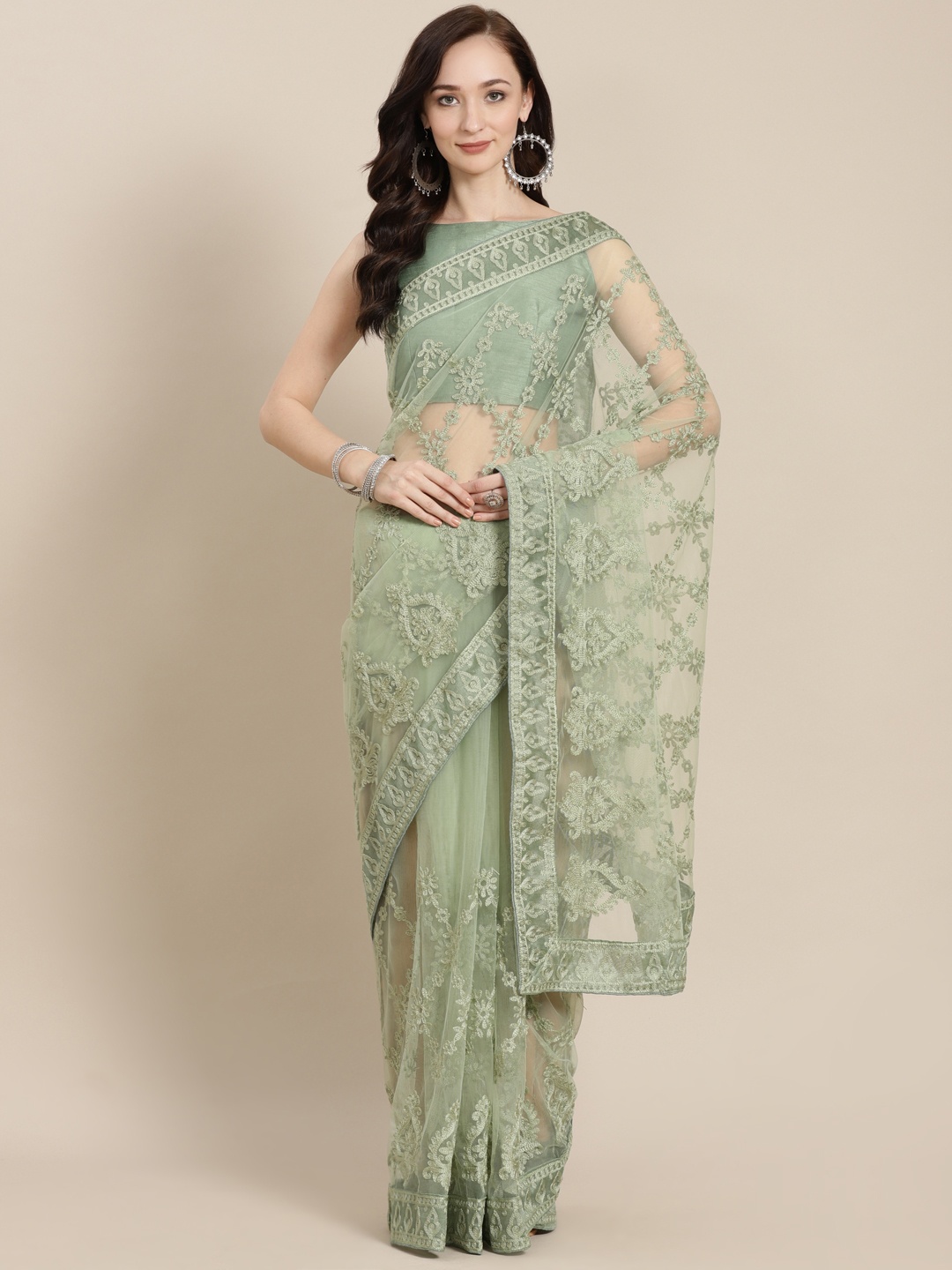 

Kalista Lime Green Ethnic Motifs Net Saree
