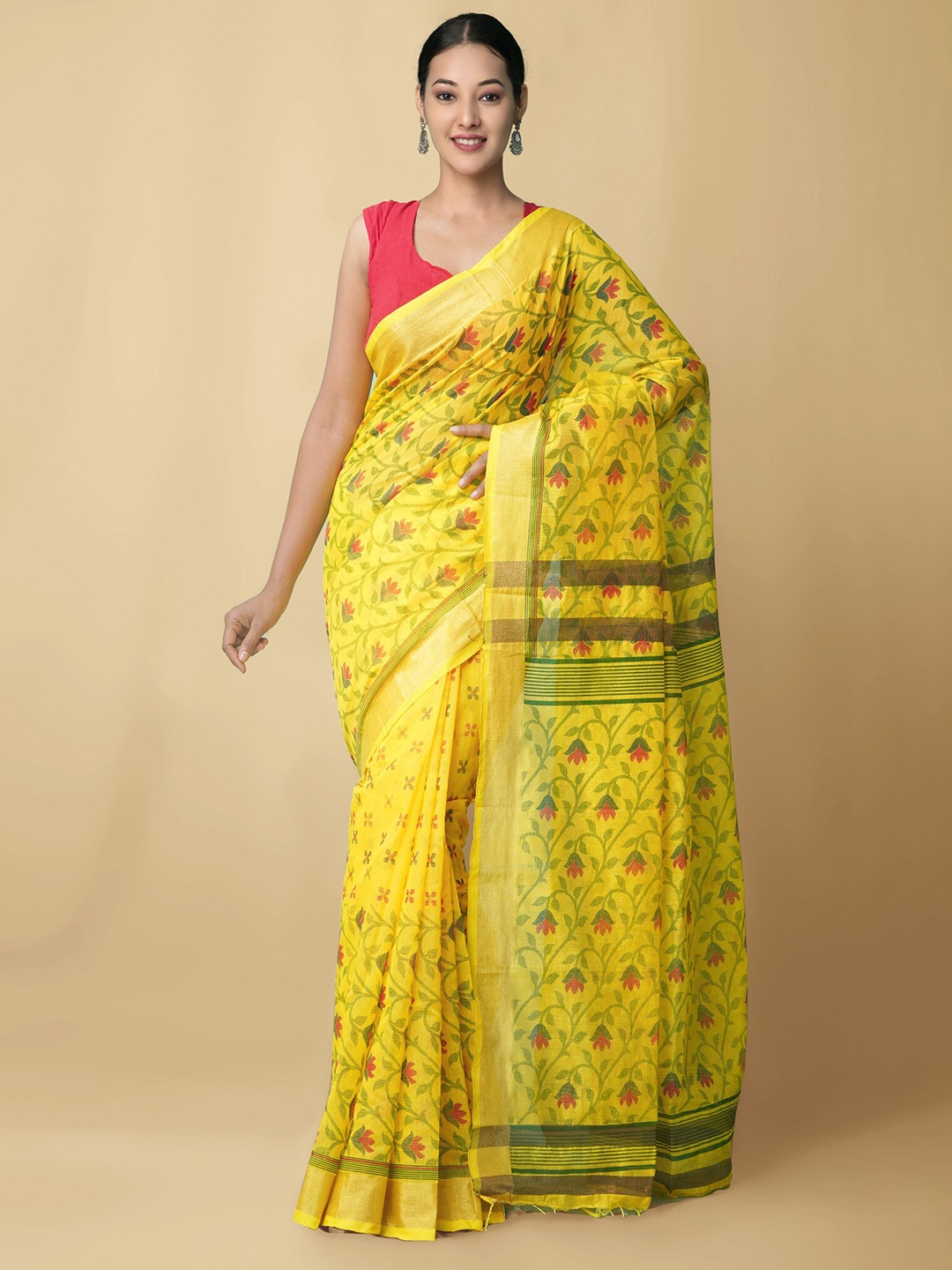 

Unnati Silks Women Yellow & Red Pure Handloom Bengal Linen Sustainable Saree