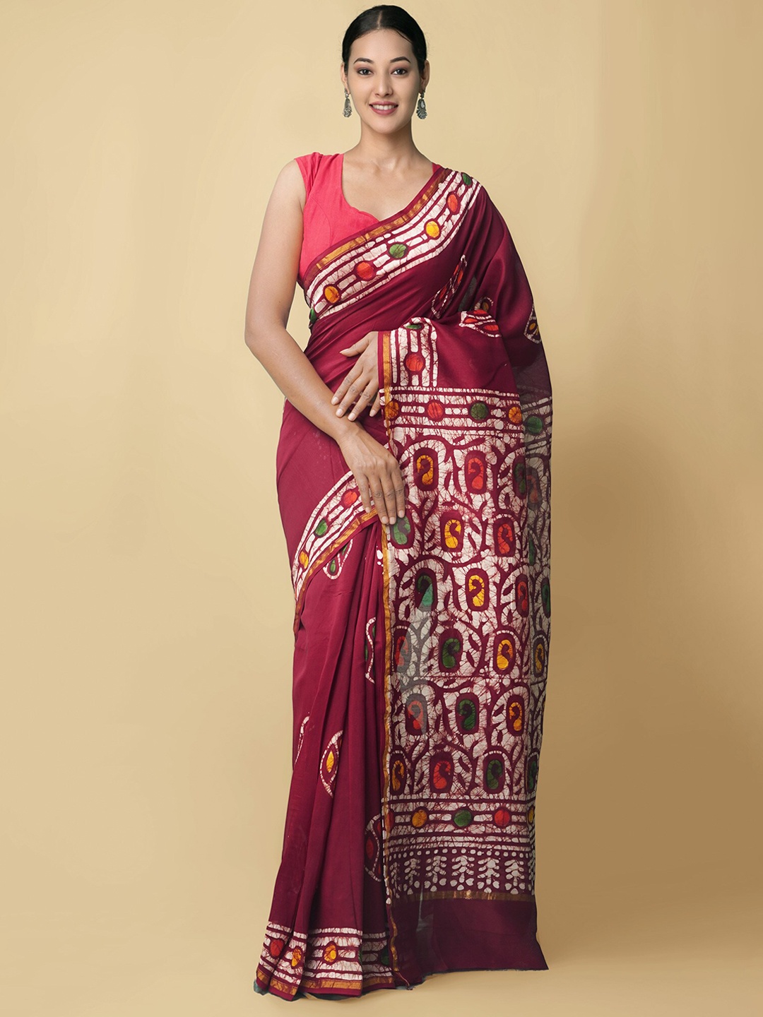 

Unnati Silks Women Maroon & White Pure Batik Chanderi Sico Sustainable Saree