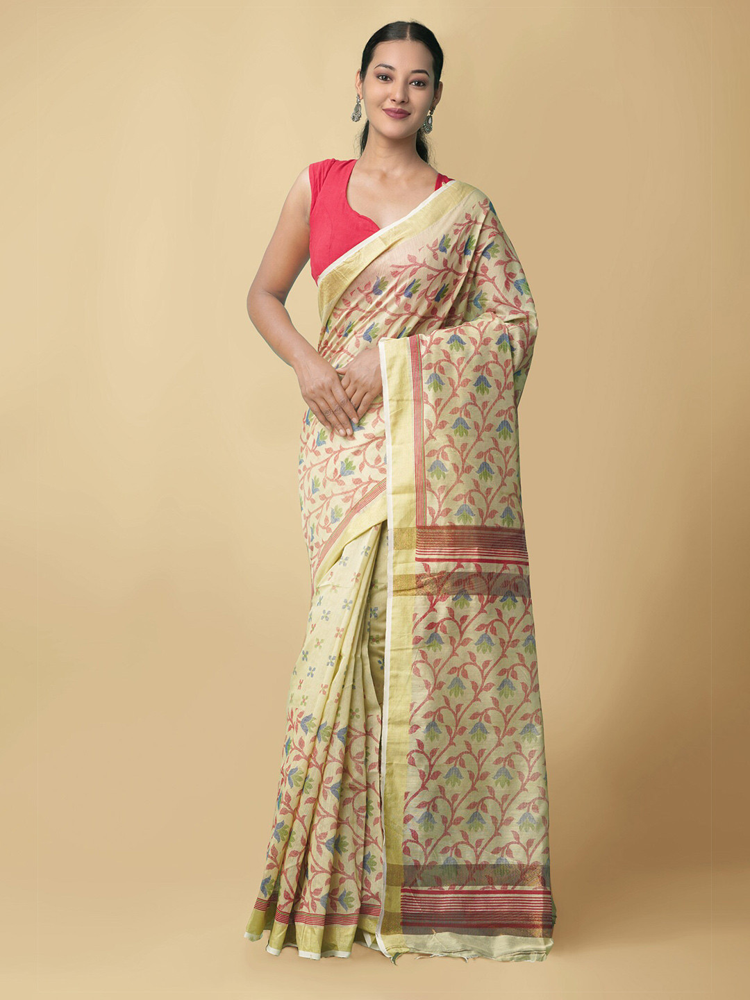 

Unnati Silks Brown & Maroon Woven Design Zari Pure Linen Jamdani Saree