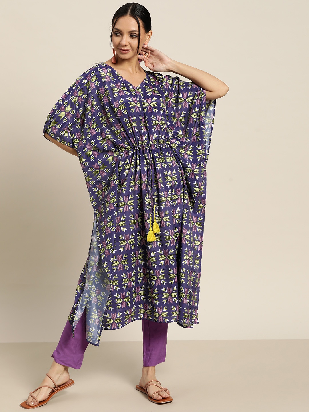 

Sangria Women Purple & Lime Green Geometric Printed Kaftan Kurta