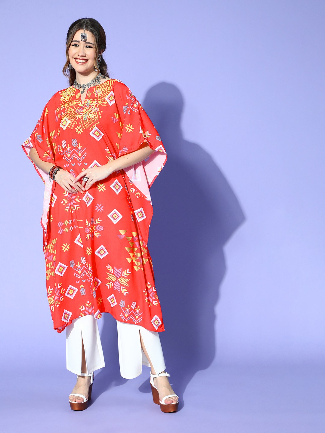 

Sangria Women Rust Red & Yellow Geometric Printed Thread Work Kaftan Kurta