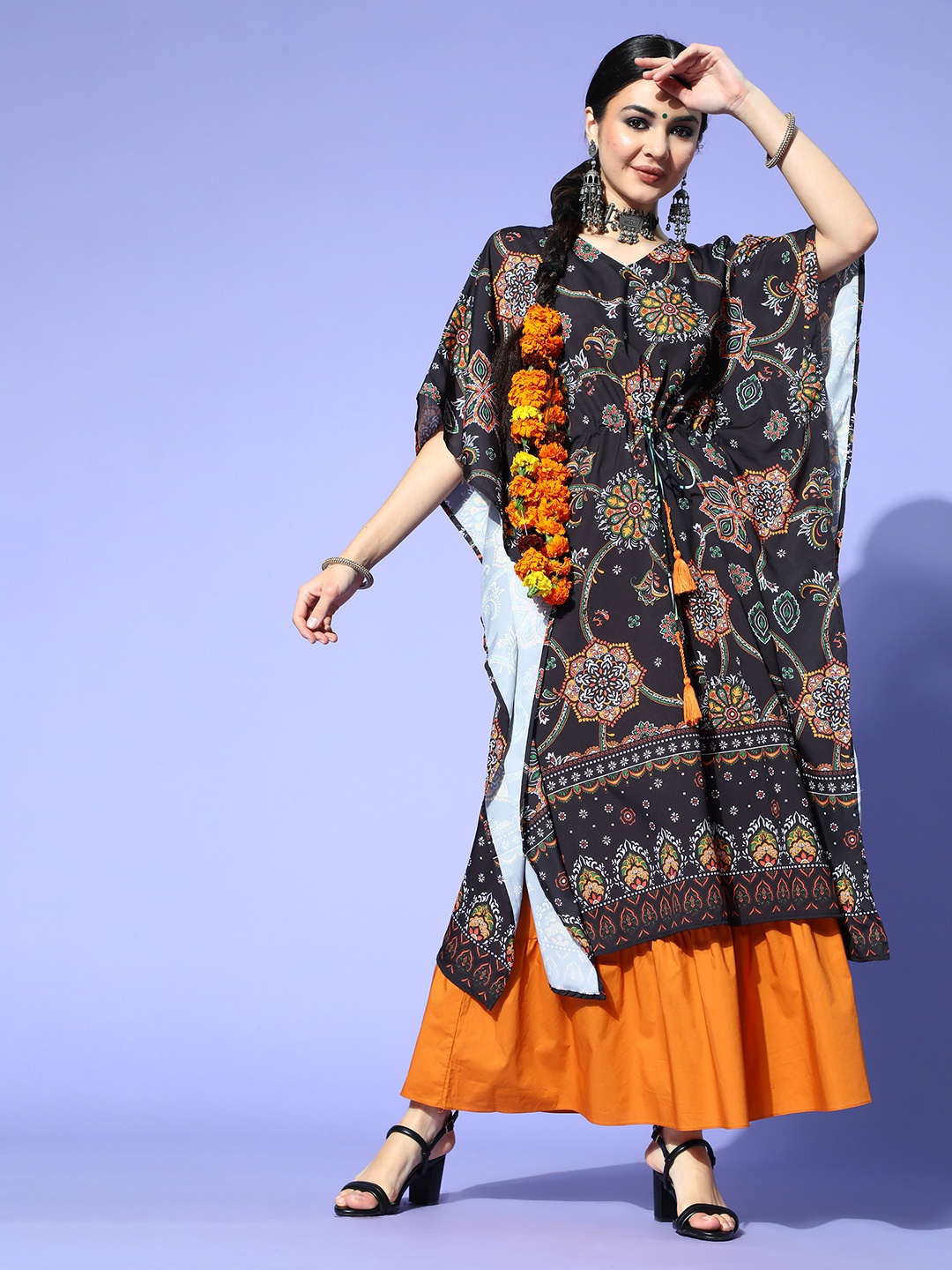 

Sangria Women Black & Orange Ethnic Motifs Printed Kaftan Kurta