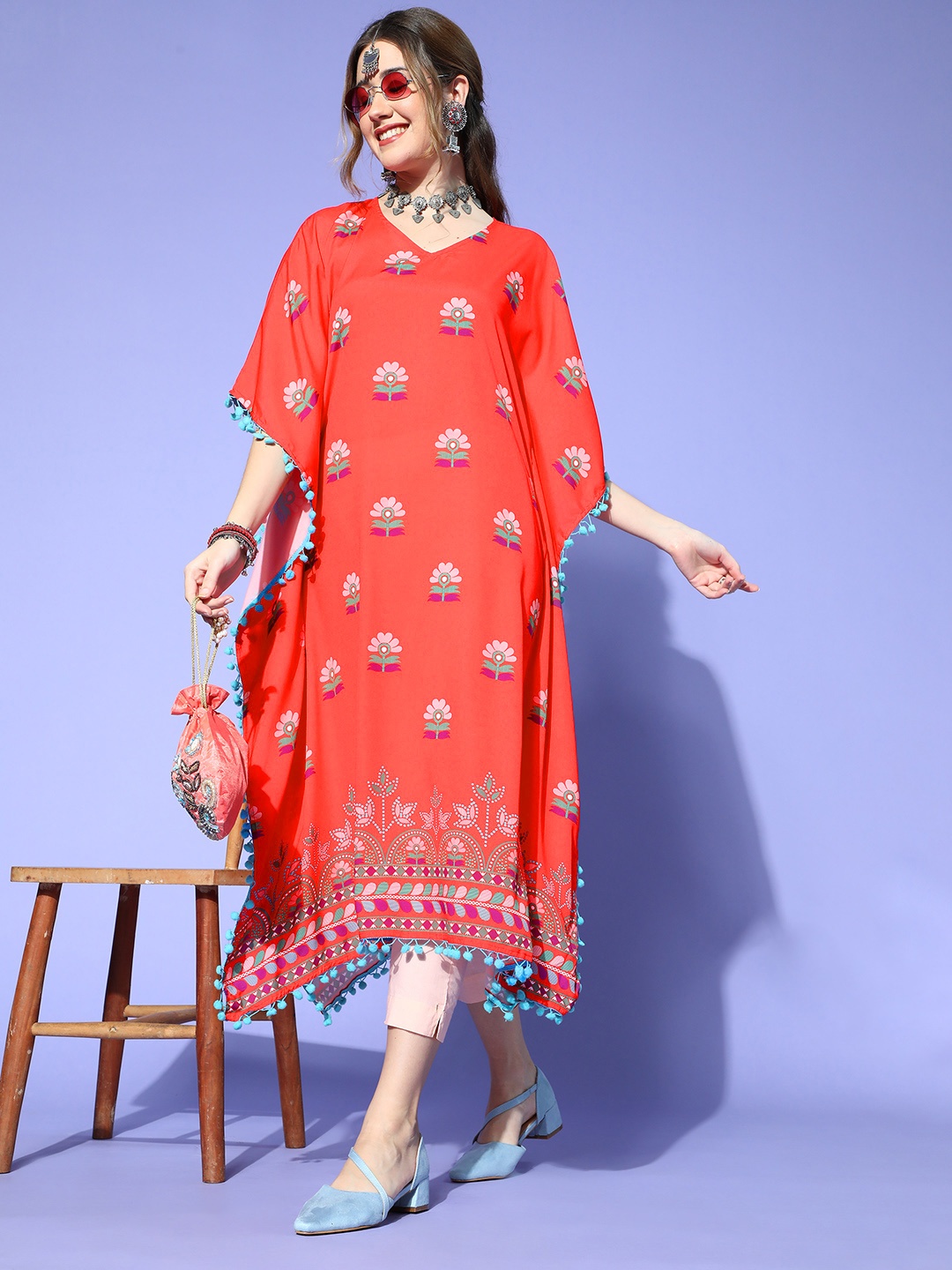 

Sangria Women Rust Red & White Ethnic Motifs Printed Kaftan Kurta