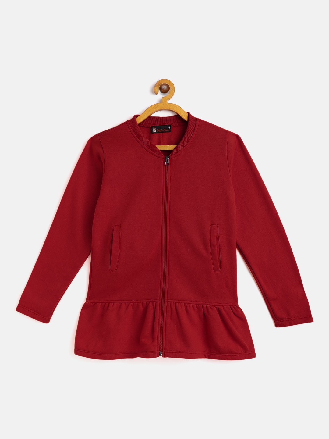 

Belle Fille Girls Maroon Solid Fleece Lightweight Peplum Tailored Jacket