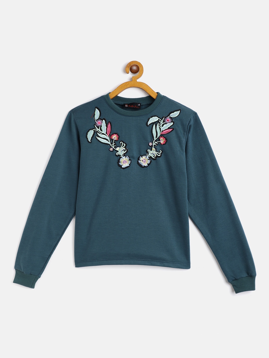 

Belle Fille Girls Teal Green Floral Embroidered Sweatshirt