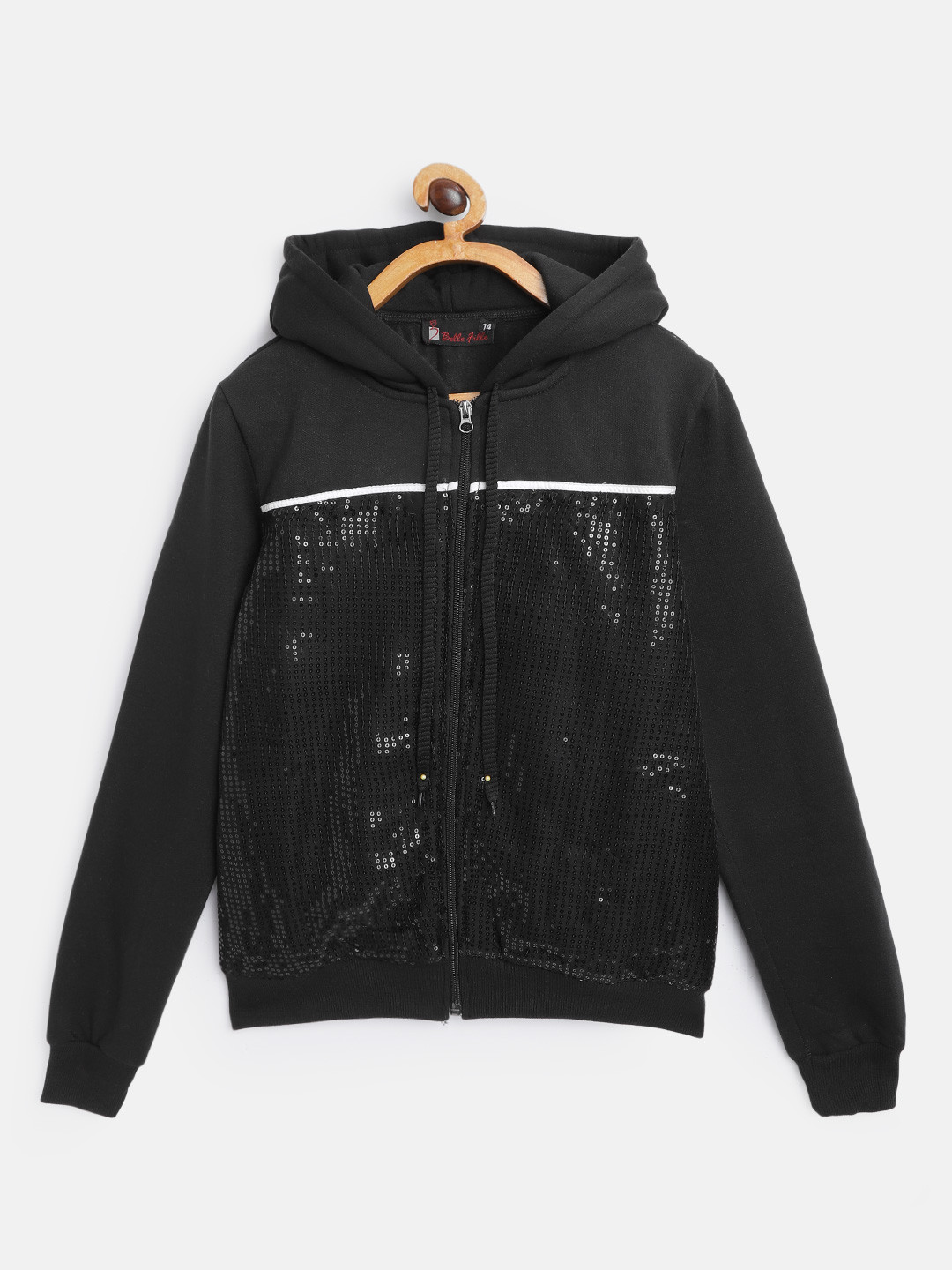 

Belle Fille Kids Black Sequinned Fleece Lightweight Tailored Hooded Jacket