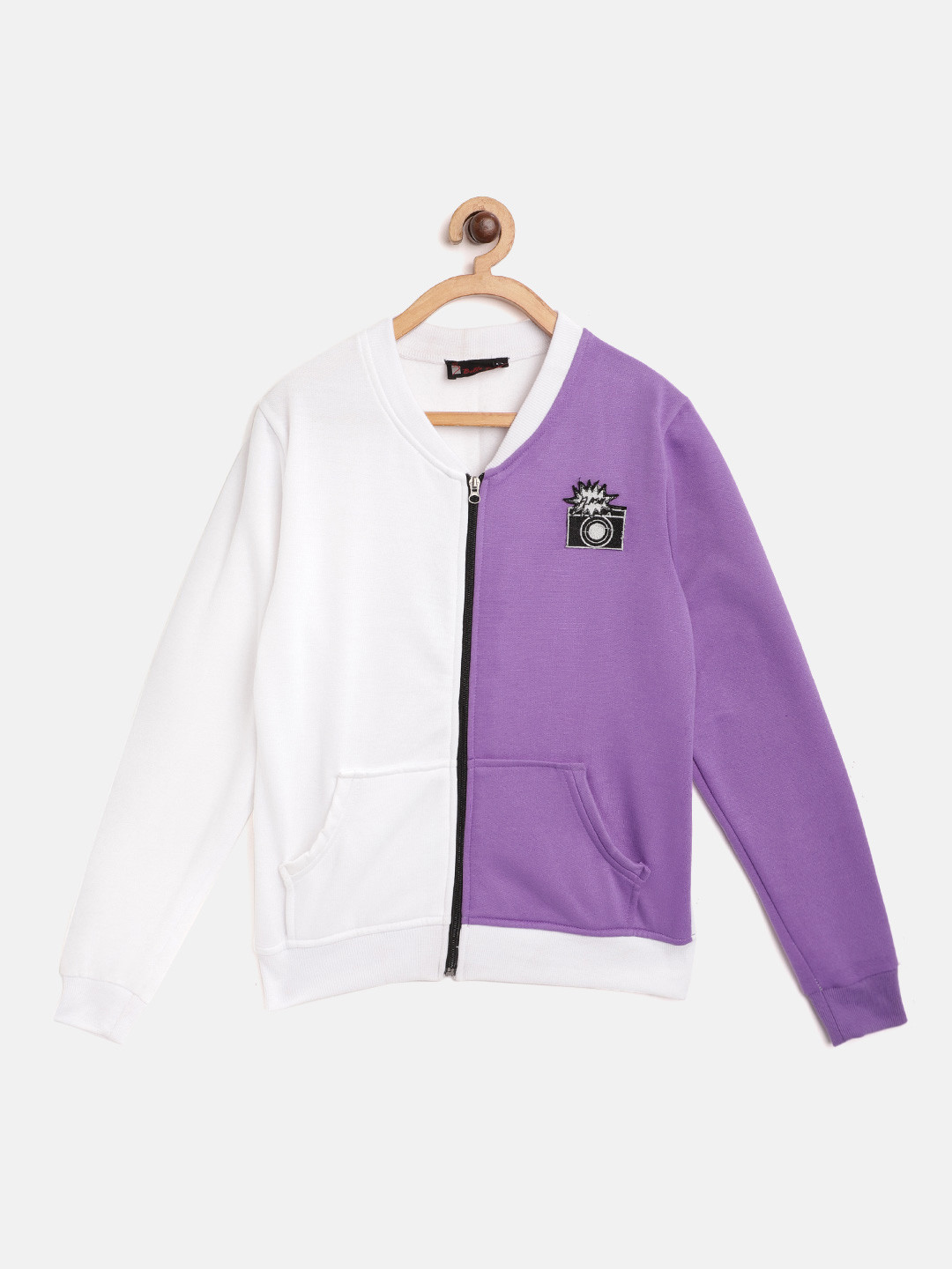 

Belle Fille Unisex Kids White Purple Colourblocked Fleece Lightweight Longline Open Front Jacket