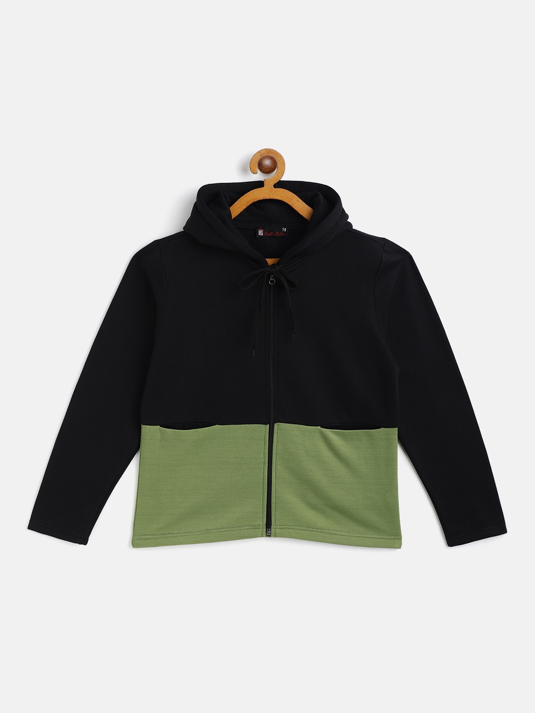 

Belle Fille Kids Black & Olive Green Colourblocked Fleece Lightweight Tailored Jacket