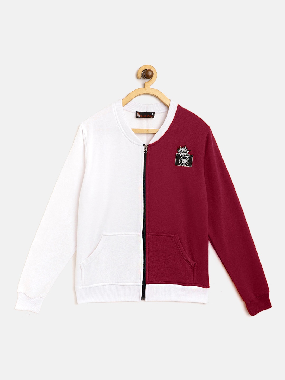 

Belle Fille Unisex Kids White Maroon Colourblocked Fleece Lightweight Longline Open Front Jacket