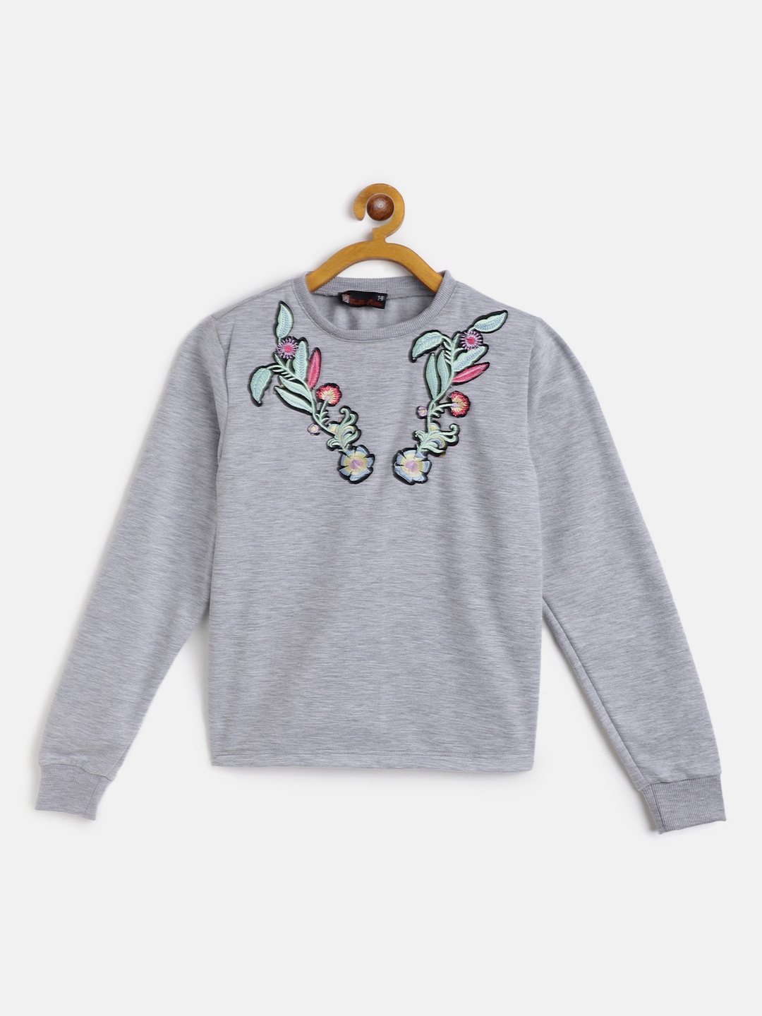 

Belle Fille Girls Grey Melange Floral Embroidered Sweatshirt