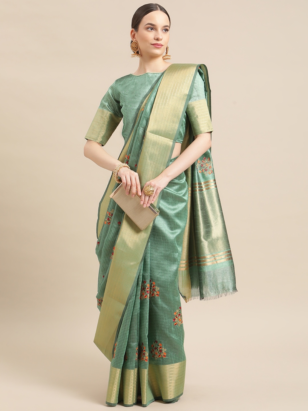 

RAJGRANTH Green Woven Design Embroidered Silk Cotton Chanderi Saree