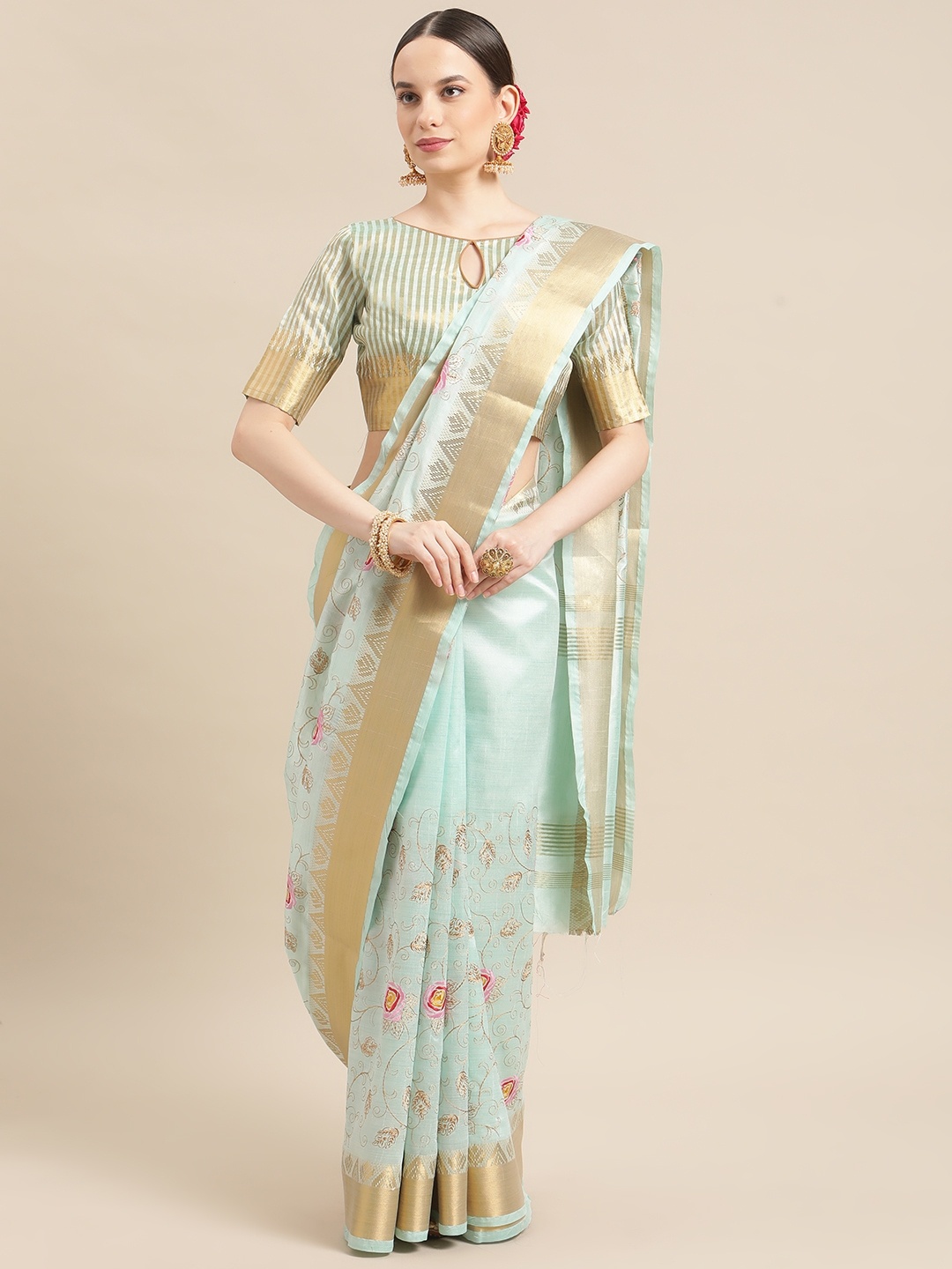 

RAJGRANTH Blue Floral Embroidered Silk Cotton Chanderi Saree