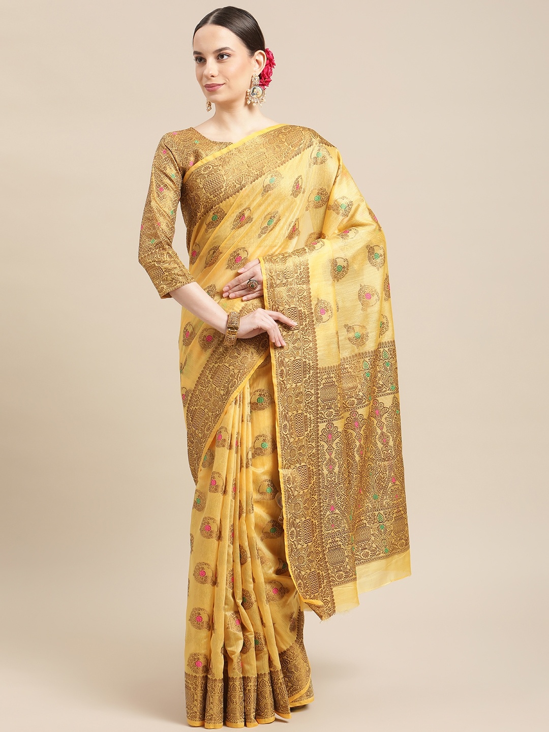 

RAJGRANTH Yellow Woven Design Silk Cotton Kasavu Saree