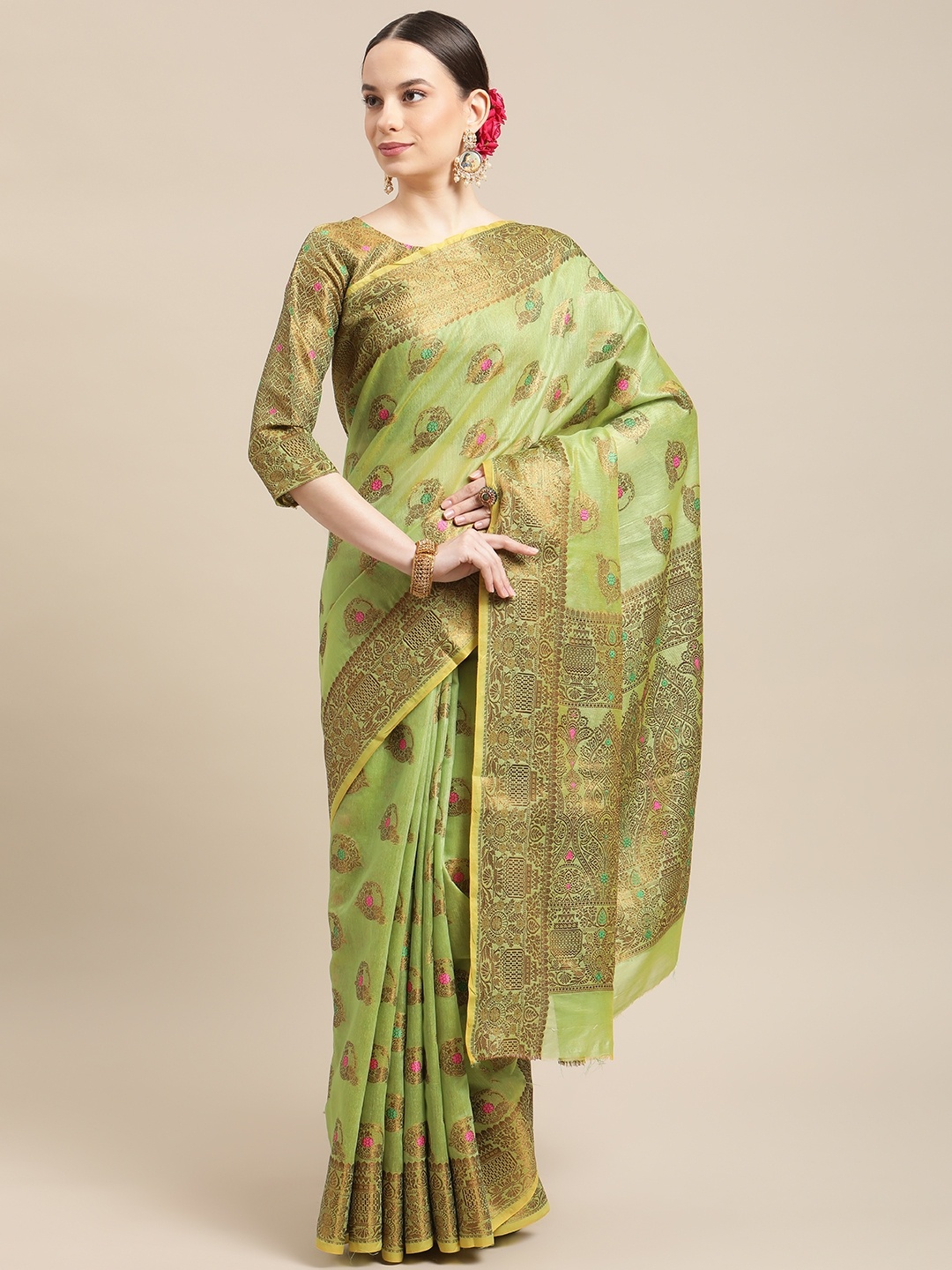 

RAJGRANTH Green Woven Design Silk Cotton Kasavu Saree