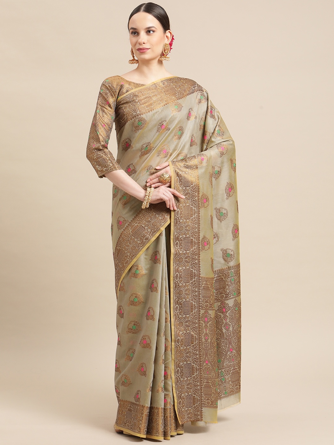 

RAJGRANTH Grey Floral Silk Cotton Kasavu Saree
