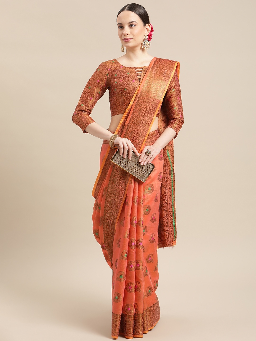 

RAJGRANTH Orange Woven Design Silk Cotton Kasavu Saree