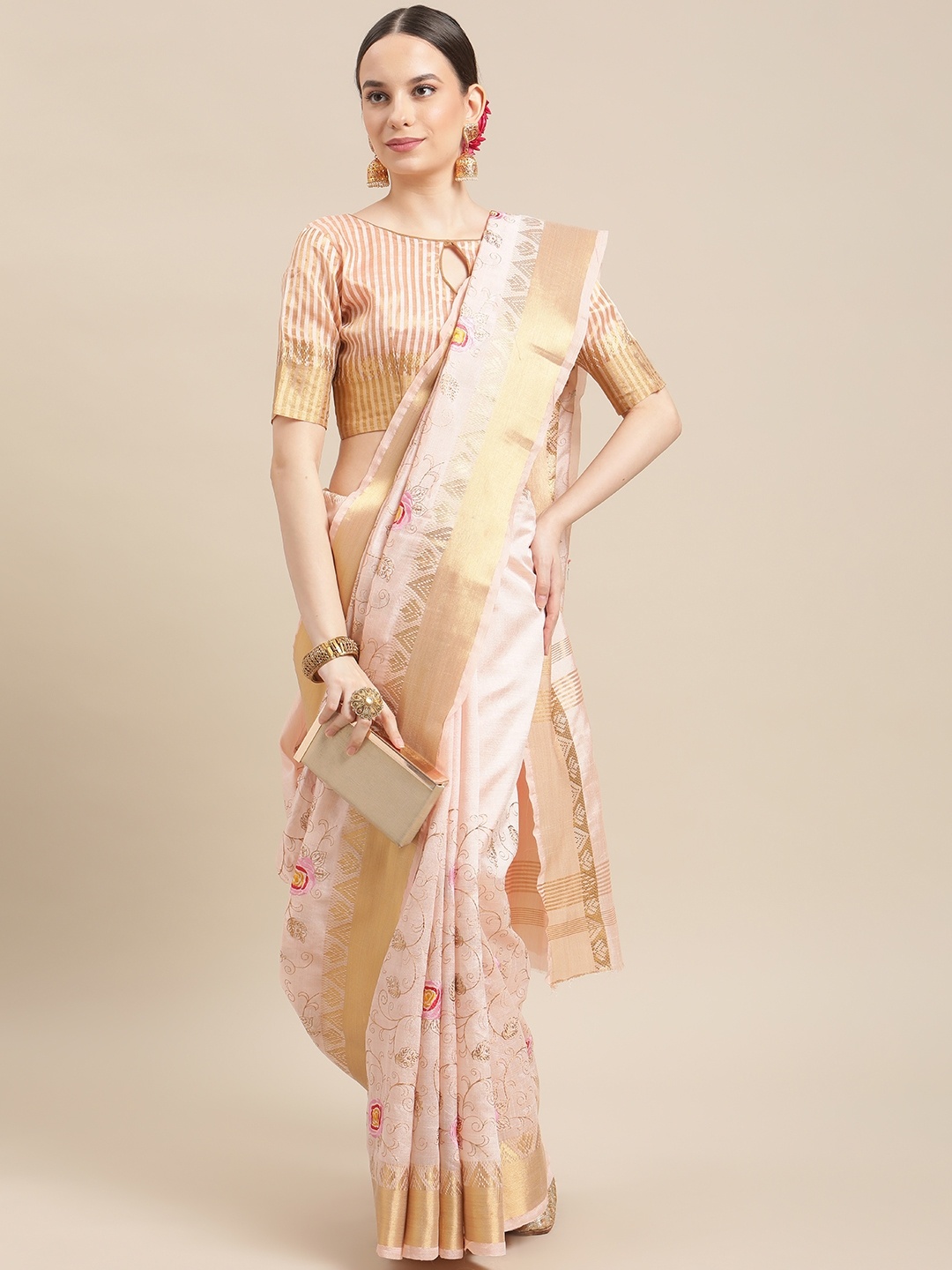 

RAJGRANTH Pink Floral Embroidered Silk Cotton Chanderi Saree