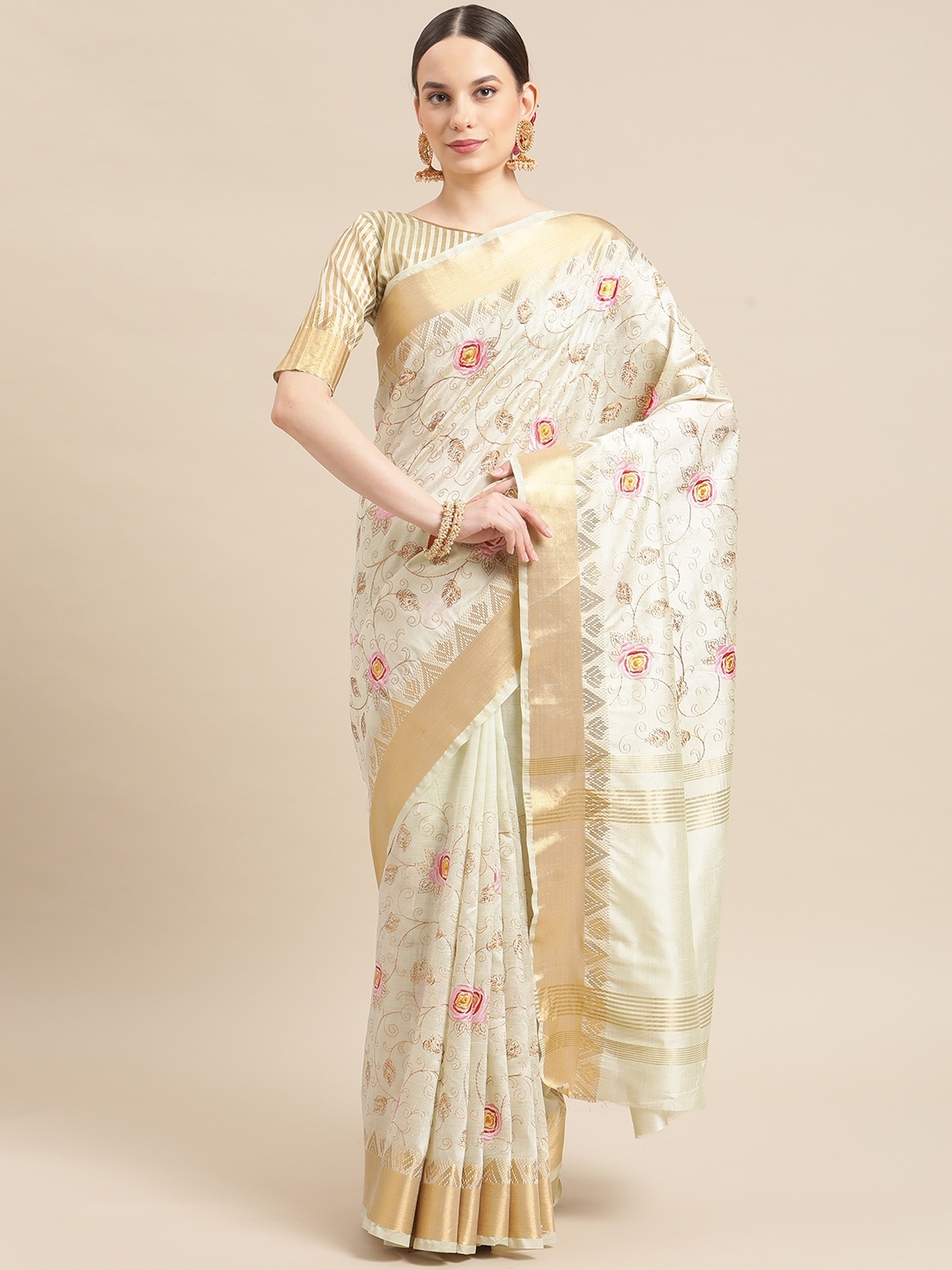 

RAJGRANTH Green Floral Embroidered Silk Cotton Chanderi Saree