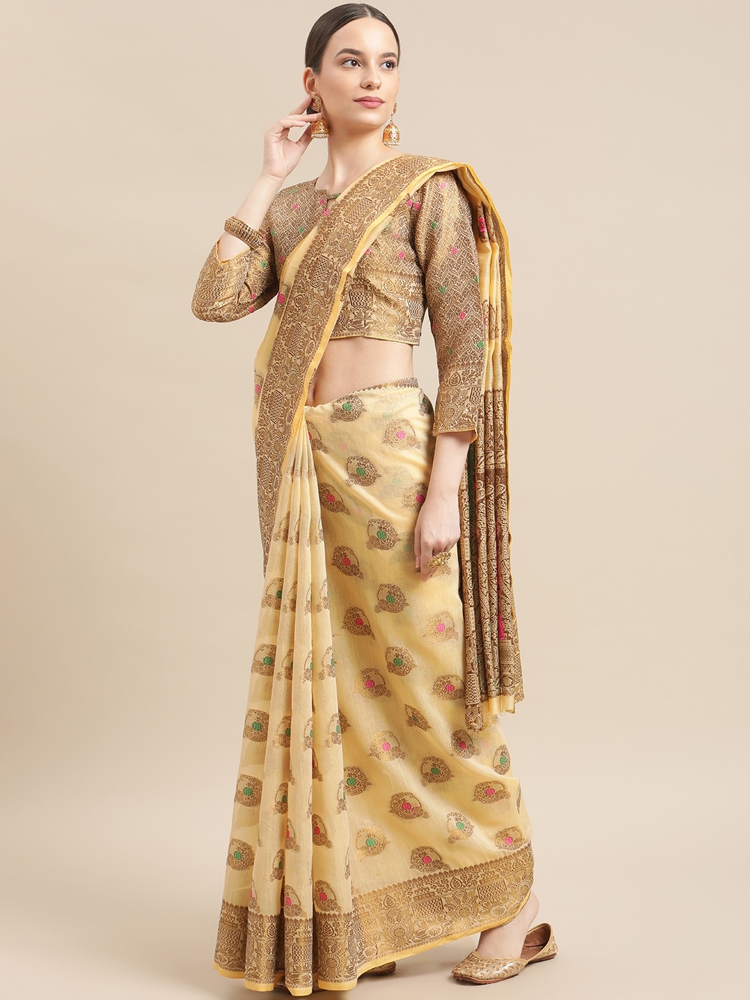

RAJGRANTH Cream-Coloured Floral Silk Cotton Kasavu Saree