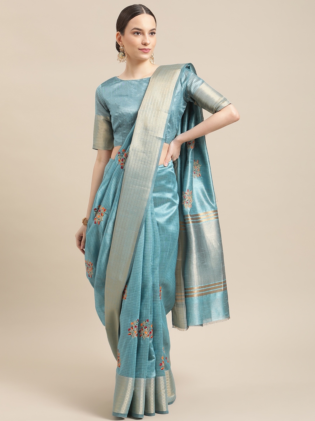 

RAJGRANTH Blue Floral Embroidered Silk Cotton Chanderi Saree