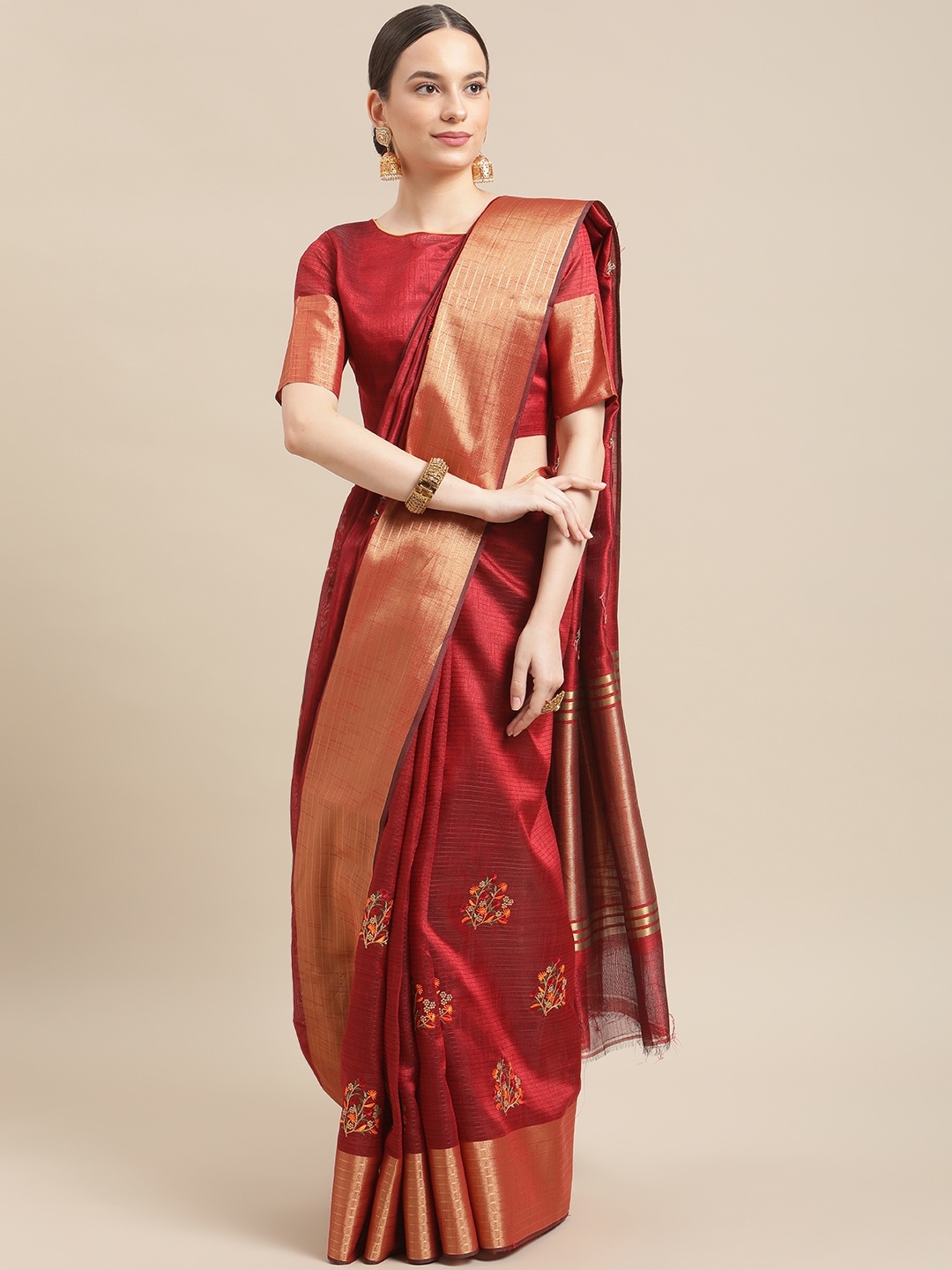 

RAJGRANTH Red Floral Embroidered Silk Cotton Chanderi Saree