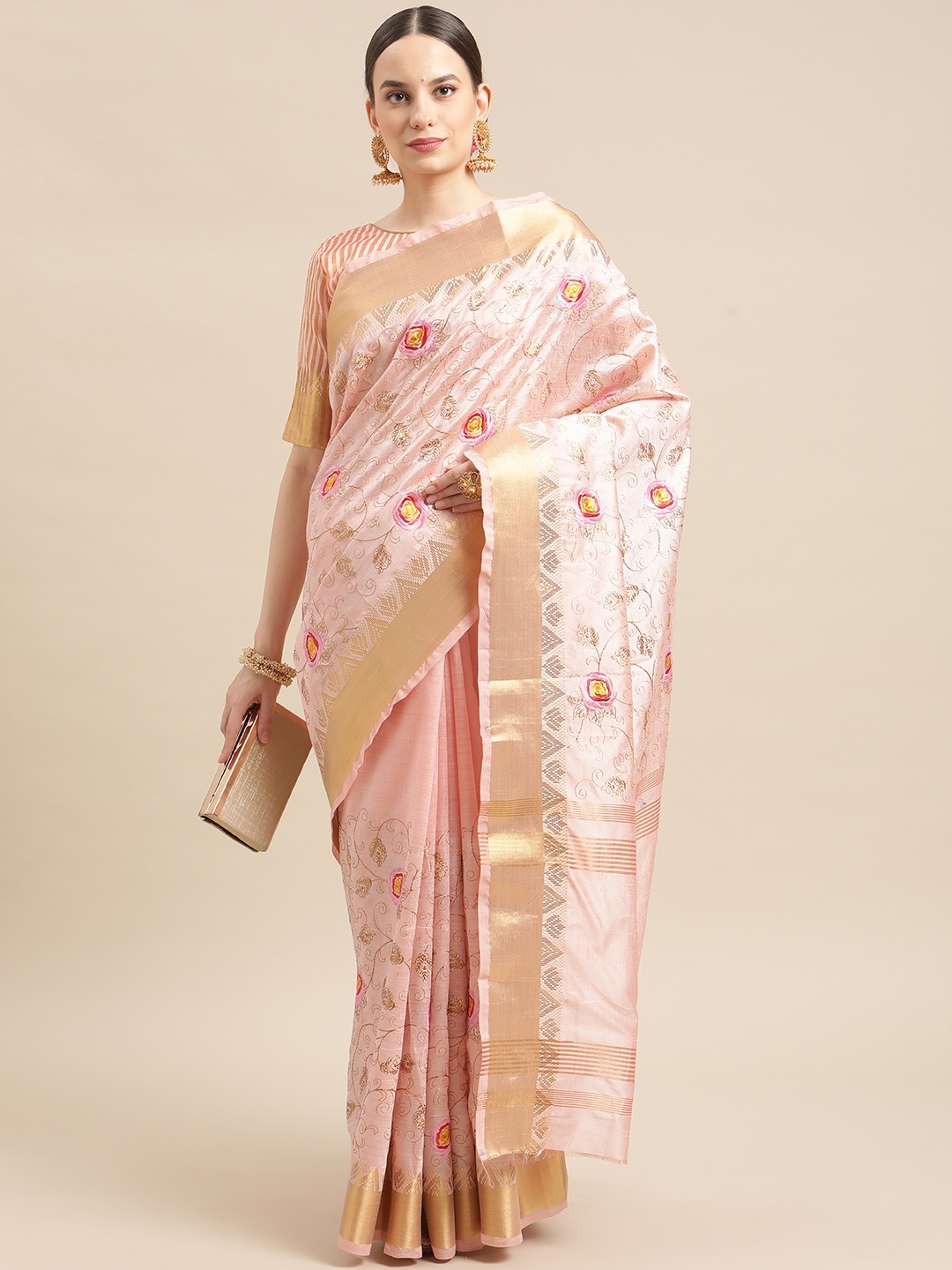 

RAJGRANTH Pink Floral Embroidered Silk Cotton Chanderi Saree