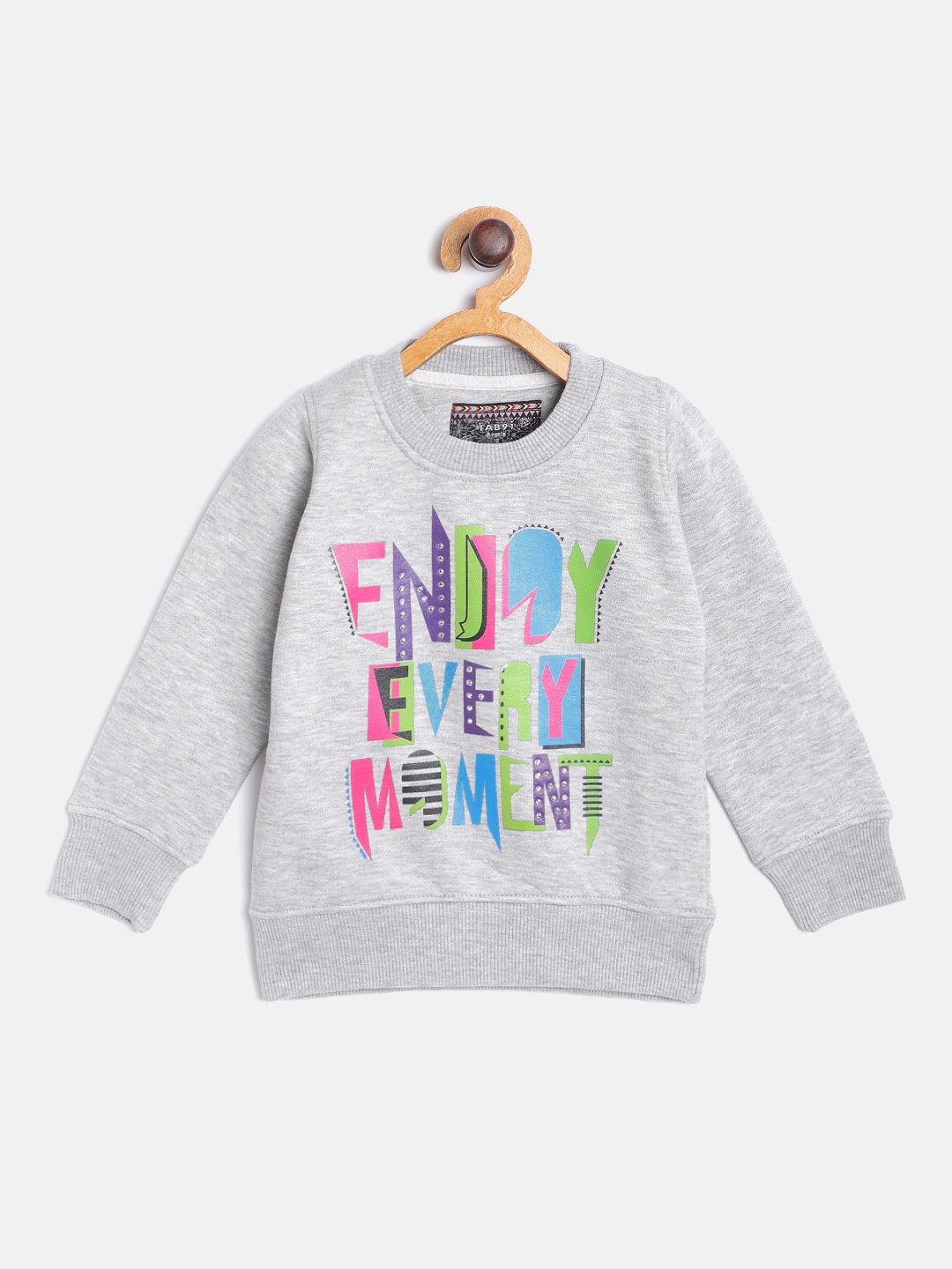 

TAB91 Girls Grey Melange & Blue Printed Sweatshirt