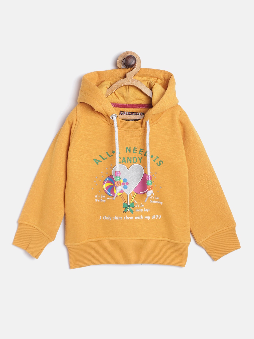 

TAB91 Girls Mustard Yellow & Green Printed Hooded Sweatshirt