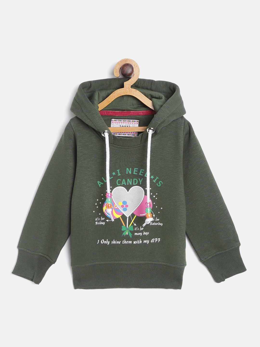 

TAB91 Girls Olive Green & Pink Printed Hooded Sweatshirt