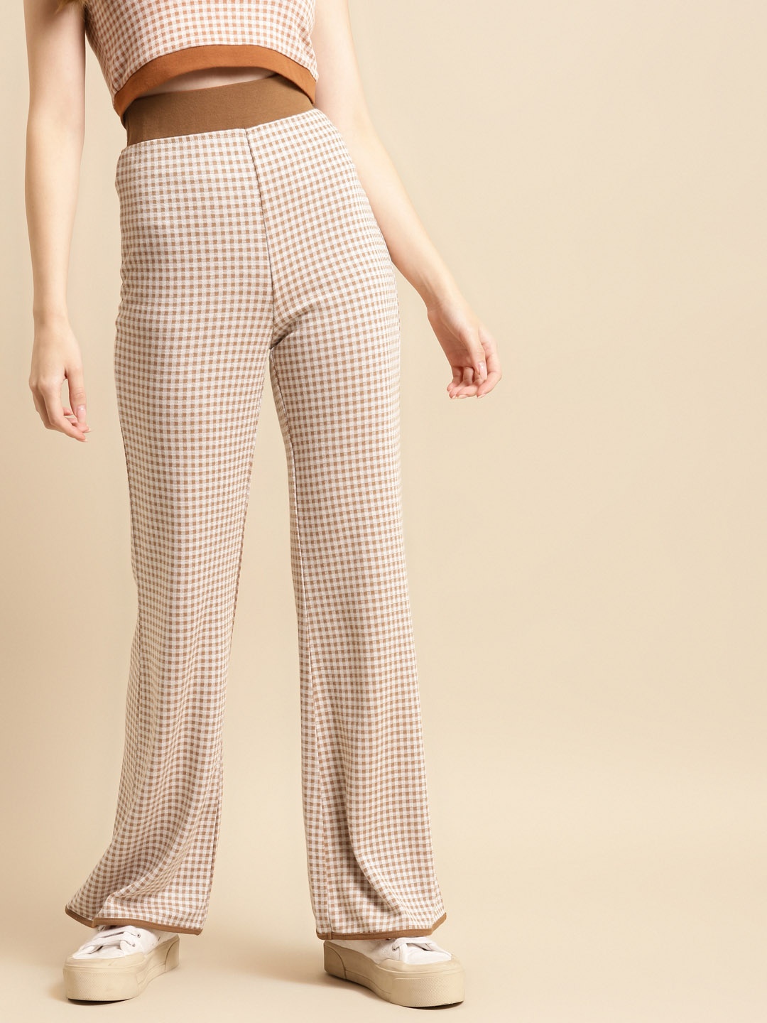 

COVER STORY Women Brown Checked Flared High-Rise Parallel Trousers