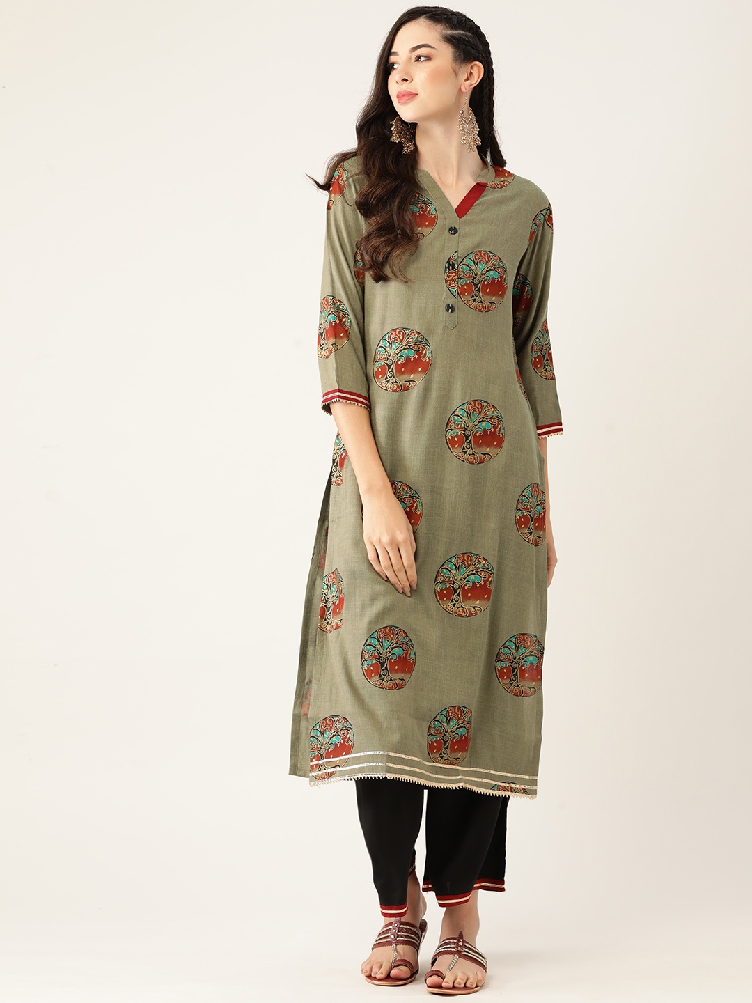 

VAABA Women Olive Green Ethnic Motifs Printed Regular Kurta with Palazzos