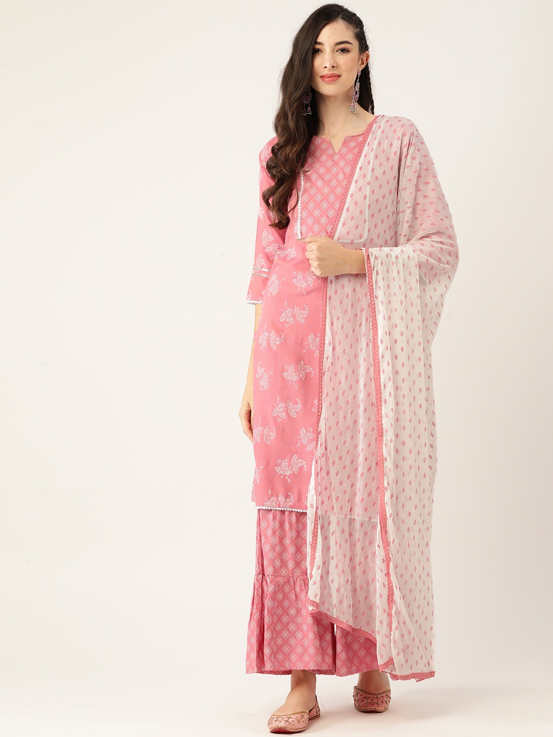 

VAABA Women Pink Ethnic Motifs Printed Regular Gotta Patti Kurta with Palazzos & With Dupatta