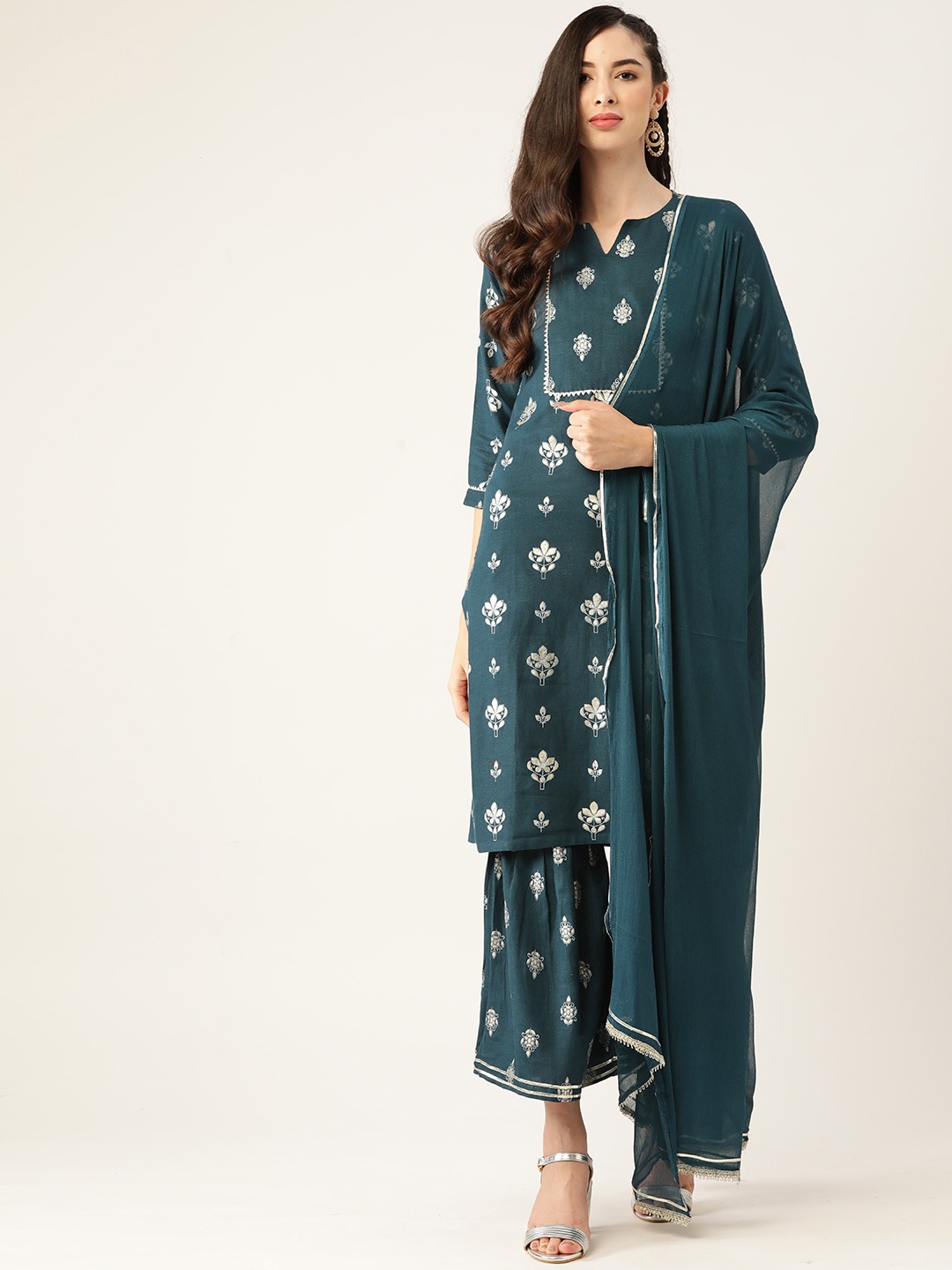 

VAABA Women Teal Blue Ethnic Motifs Printed Regular Kurta with Sharara & With Dupatta