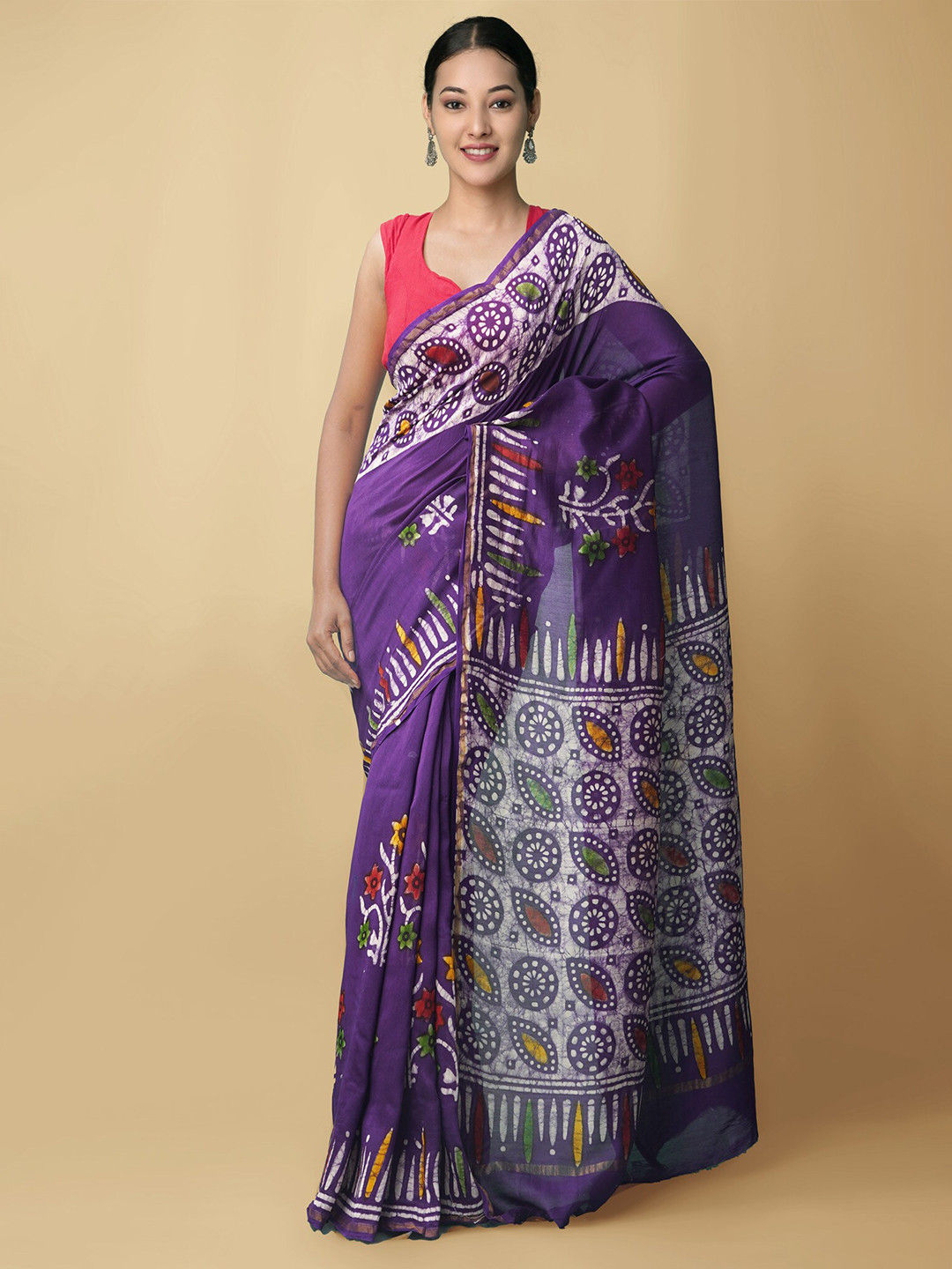 

Unnati Silks Women Violet & Yellow Pure Batik Chanderi Sico Sustainable Saree
