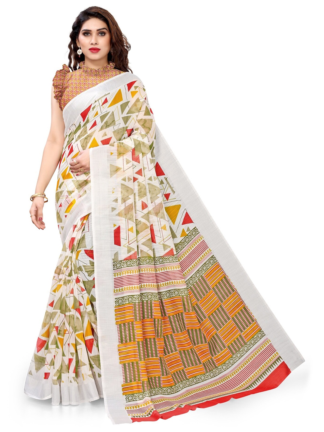 

KALINI Off White Geometric Printed Saree