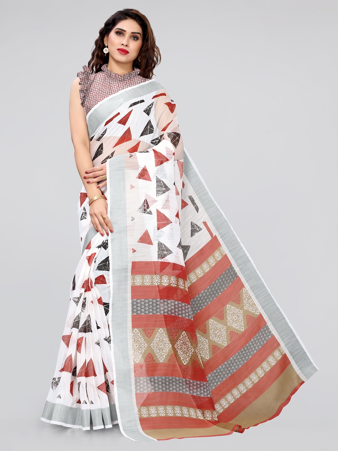 

KALINI White & Maroon Block Print Saree