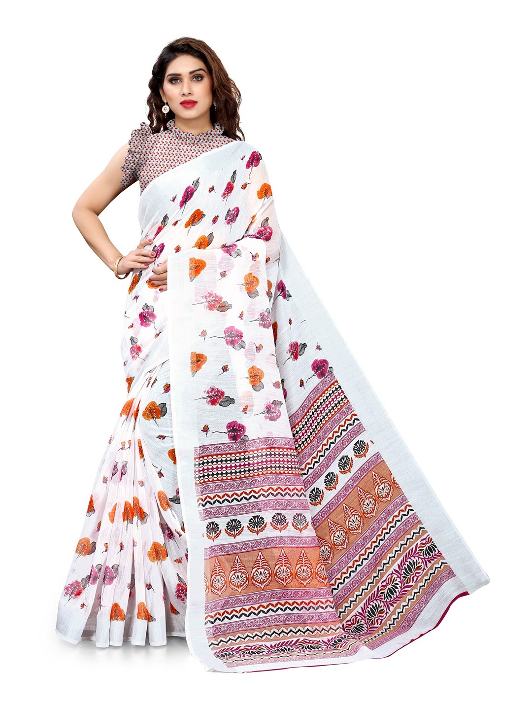 

KALINI White & Multicoloured Floral Printed Bagh Saree