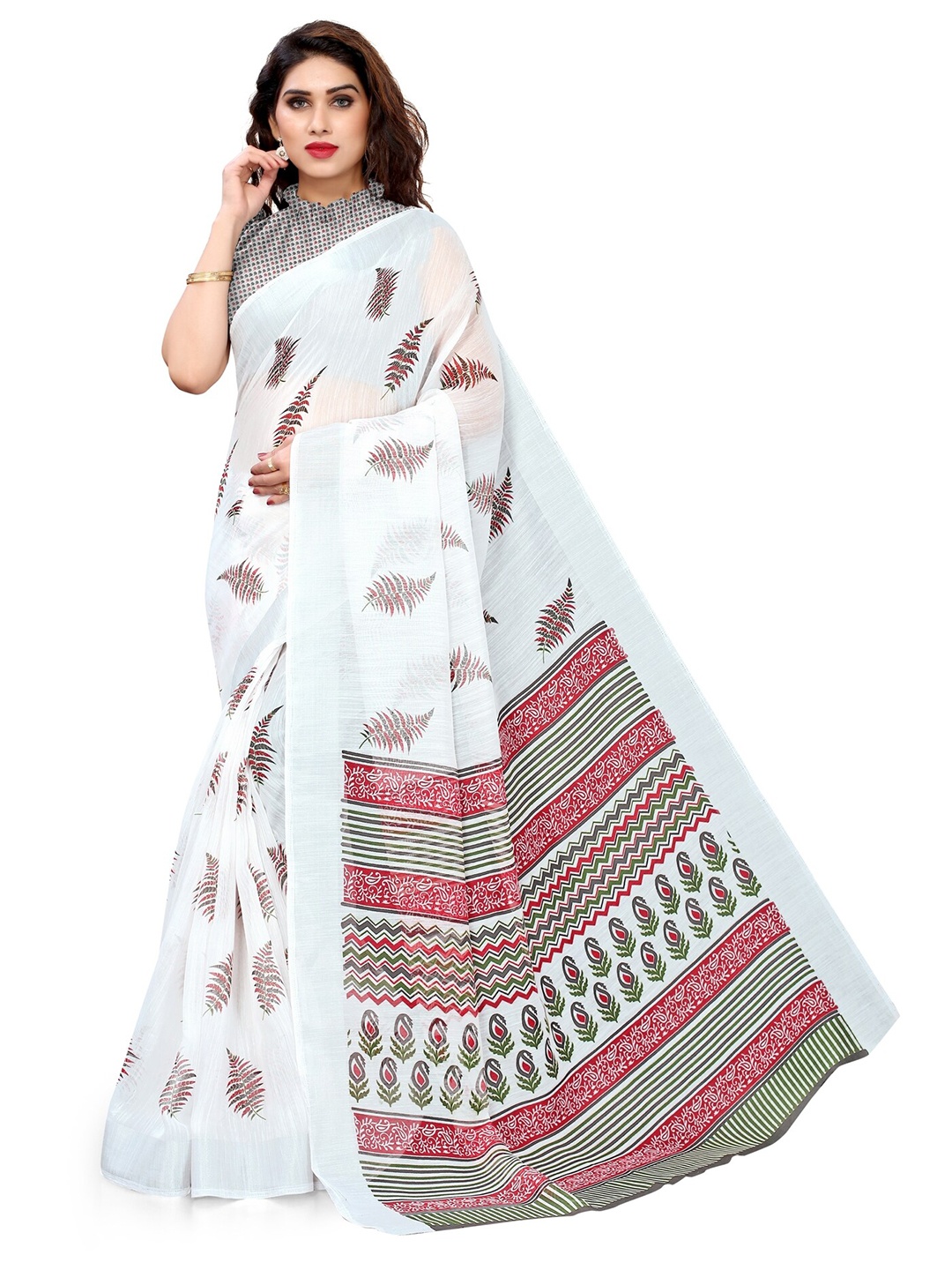 

KALINI White & Pink Floral Zari Bagh Saree