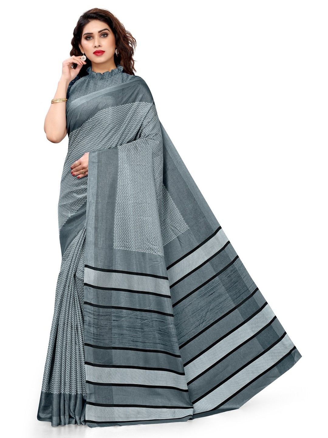 

KALINI Grey & White Printed Art Silk Saree