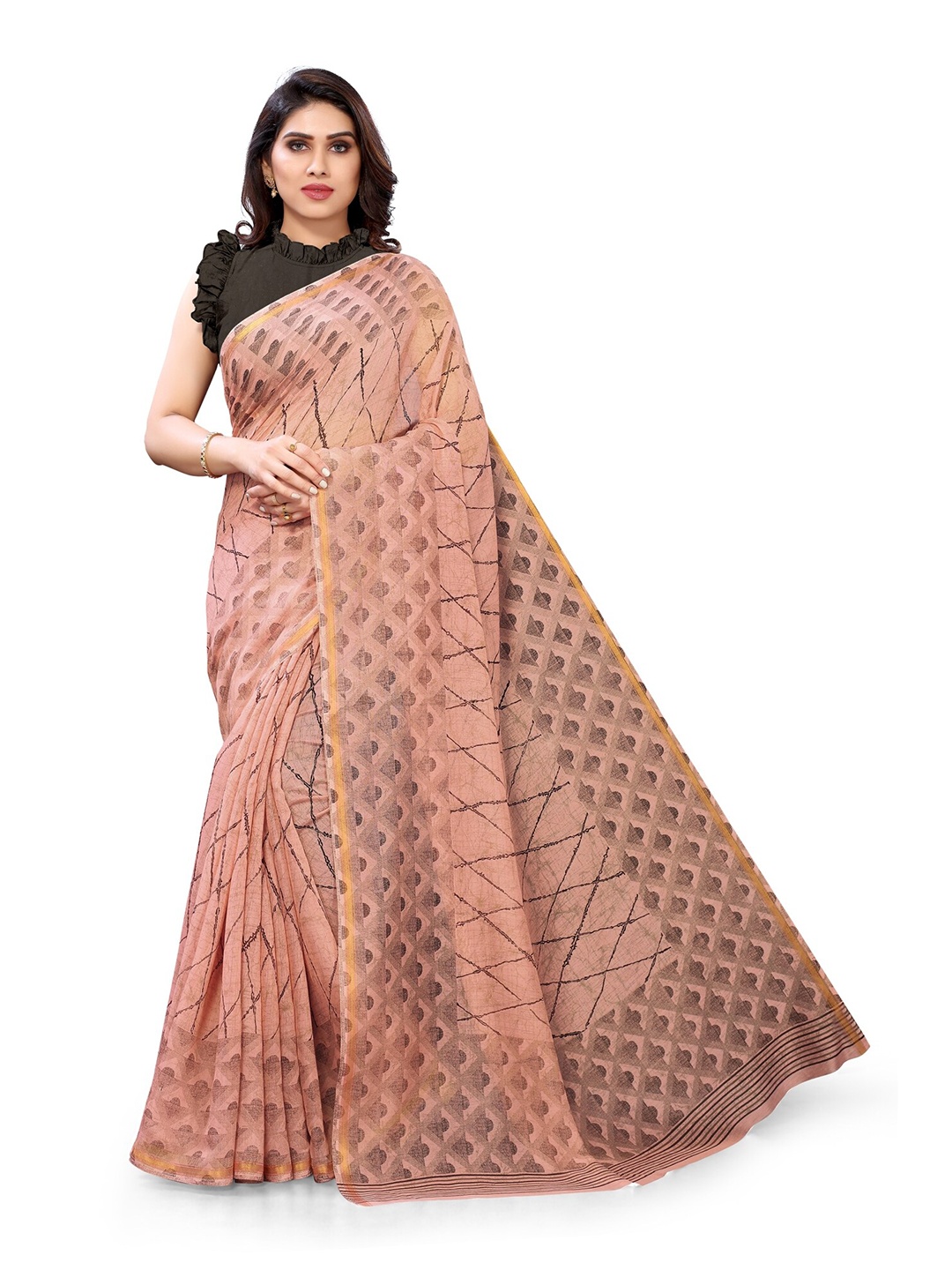 

KALINI Peach-Coloured & Black Printed Zari Saree