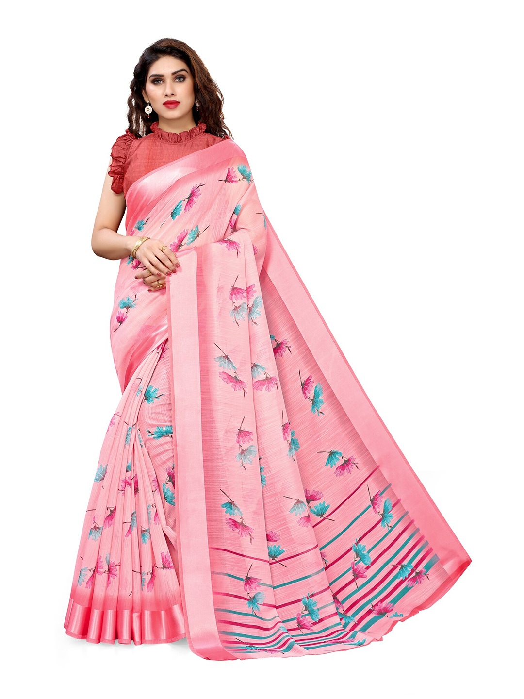 

KALINI Pink & Blue Floral Saree